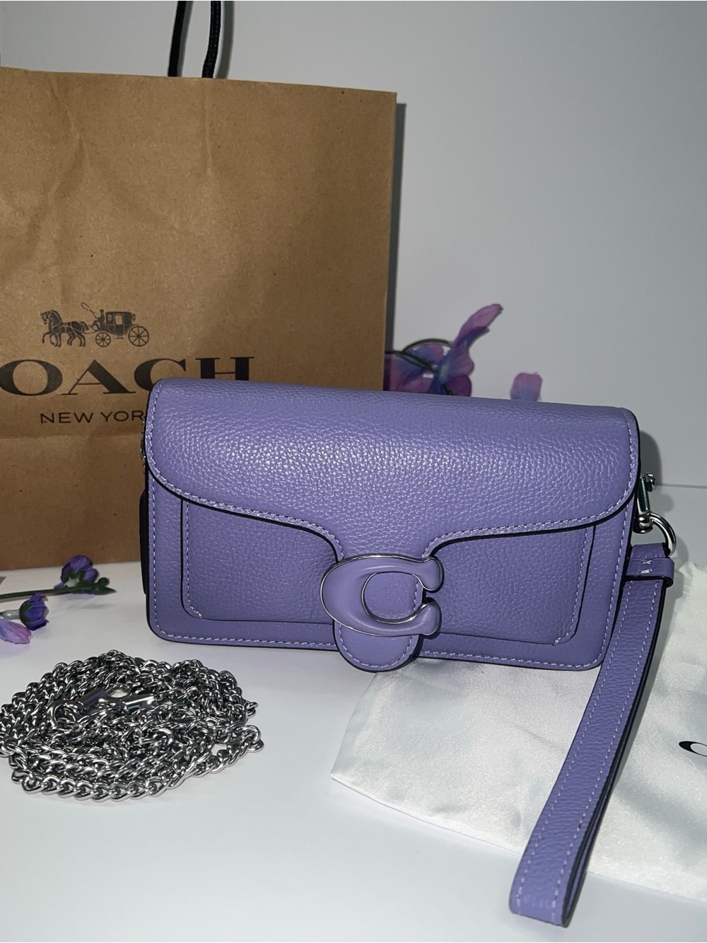 Coach Tabby Crossbody Wristlet in Violet Purple with Silver Chain Strap